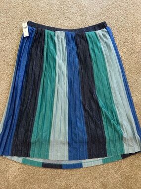 NEW Anthropologie Striped Pleated Midi Skirt in Blue and Teal Shades XL